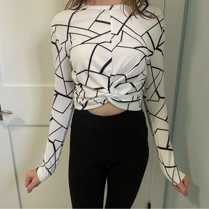 Black and White Geometric Pattern Crop Top Girls 11-12 Years